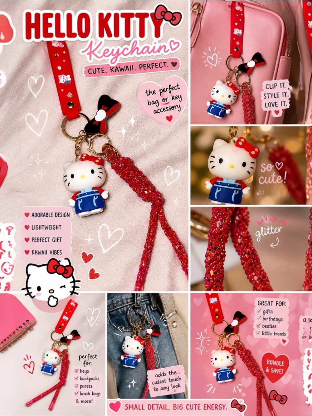 Hello Kitty Keychain Wristlet Red Glitter Charm Kawaii  Style Bag Accessory